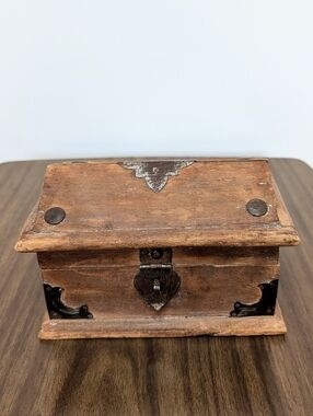Vintage Rustic Weathered Wooden Trinket Or Jewelry Box with Metal Accents